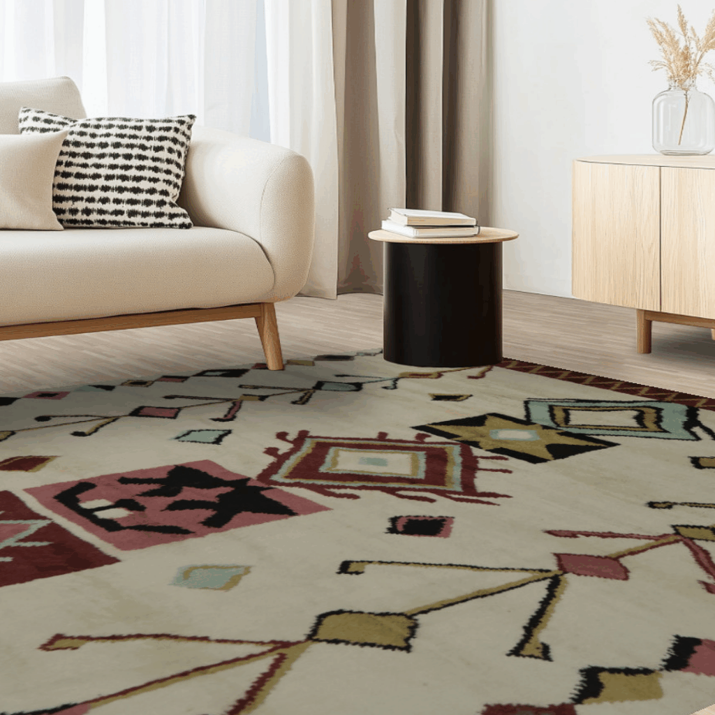 A close-up interior shot showing the same cream sofa and black side table, with the geometric patterned rug in cream, red, and gold tones as the focal point.
