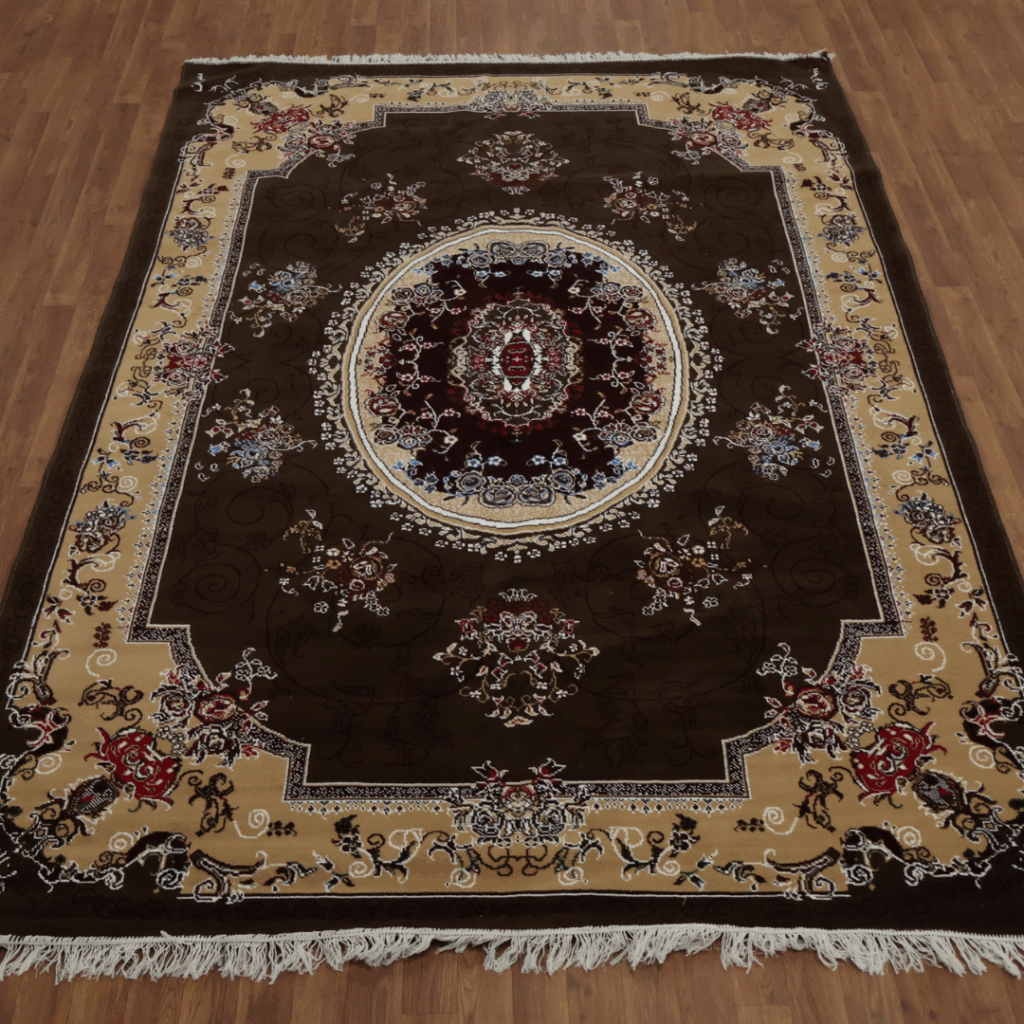 The same Persian-style rug shown in full without text, highlighting its central medallion and decorative border in red, blue, cream, and gold.