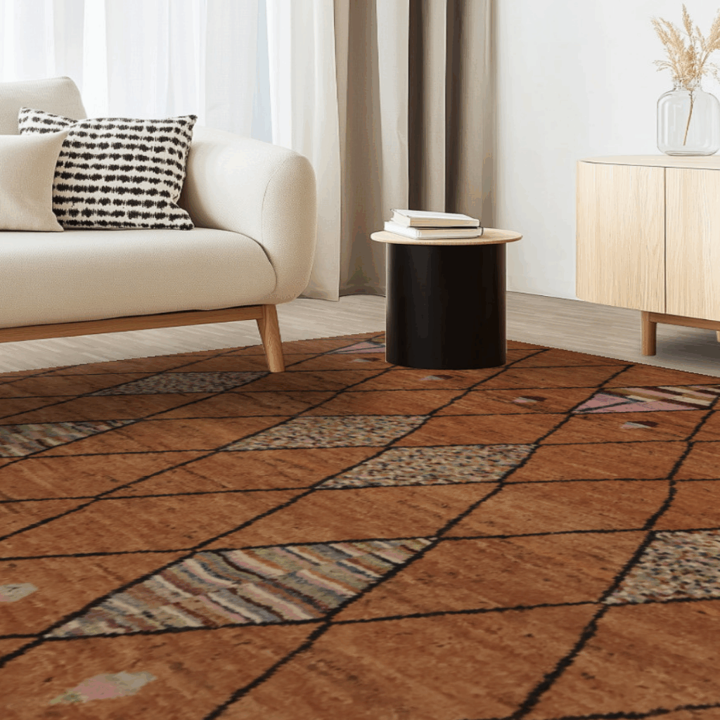 The same brown rug with black crisscross lines and colorful patterned diamonds, displayed in a minimalist living room with light wood flooring.