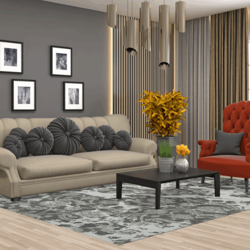 The same modern living space with beige sofa and orange armchair, this time emphasizing the gray and black patterned rug beneath the coffee table.