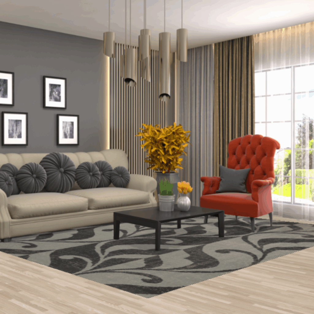 A modern living room with a light beige sofa accented by round black pillows, a bold orange armchair, and a large gray rug with swirling black patterns. The room is styled with a sleek coffee table, potted plants, and pendant lights against a backdrop of tall windows and curtains.