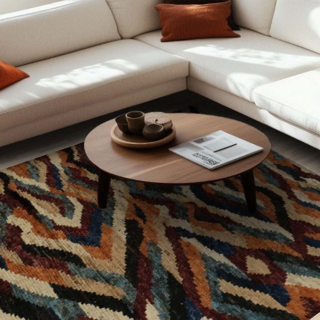 A bright living room corner with a white sectional sofa and rust-colored cushions. A round wooden coffee table with minimalist décor rests atop a vibrant patterned rug in deep blue, gold, and rust tones. Natural light filters across the space, creating a warm, inviting atmosphere.