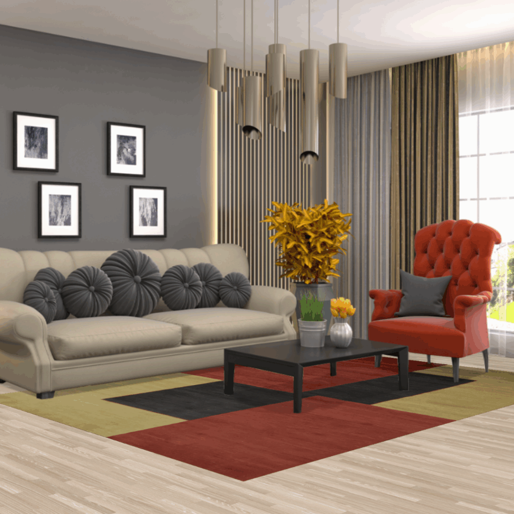 A stylish living room with a beige sofa, black round pillows, a red accent chair, and a bold rug in red, black, and green squares beneath a low black coffee table.